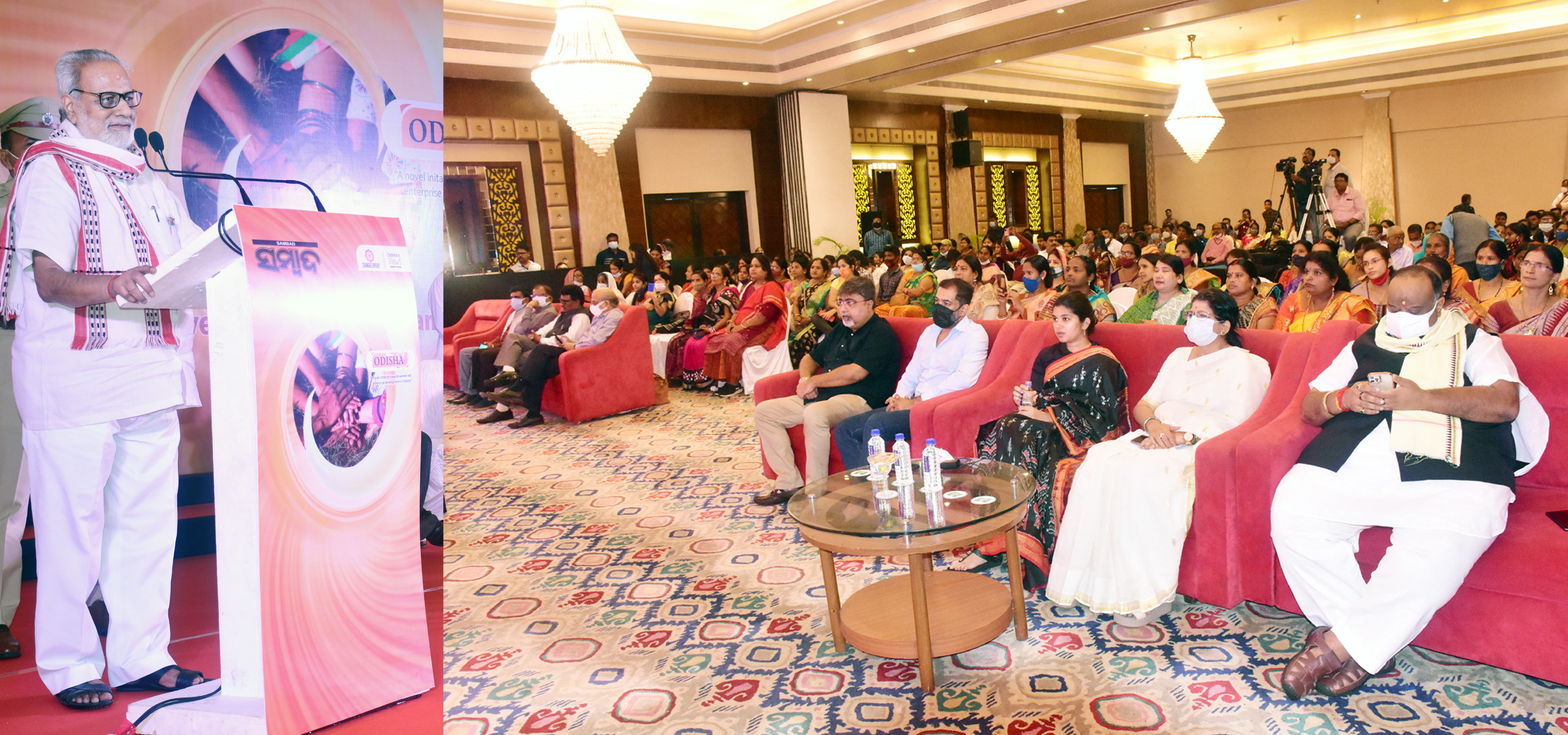 Hon'ble Governor Prof Ganeshi Lal felicitating 33 best trained women rural entrepreneurs of Odisha in valedictory function of Odisha 50 organised by FICCI and SAMBAD at Bhubaneswar on 25.11.2021.