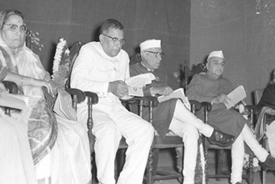 Pandit Nehru with Governor Shri Bhimsen Sachar and Chief Minister Dr. H.K. Mahtab